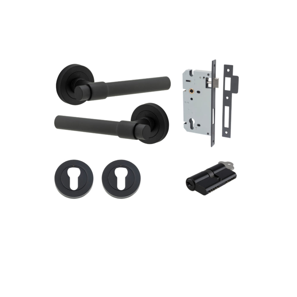 Door Lever Helsinki Round Rose Matt Black D52xP44mm Entrance Kit, Mortice Lock Euro Matt Black CTC85mm Backset 60mm, Euro Cylinder Dual Function 5 Pin Matt Black L65mm KA1, Escutcheon Euro Concealed Fix Round Pair Matt Black D52xP10mm in Matt Black