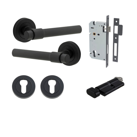 Door Lever Helsinki Round Rose Matt Black D52xP44mm Entrance Kit, Mortice Lock Euro Matt Black CTC85mm Backset 60mm, Euro Cylinder Key Thumb 6 Pin Matt Black L70mm KA1, Escutcheon Euro Concealed Fix Round Pair Matt Black D52xP10mm in Matt Black