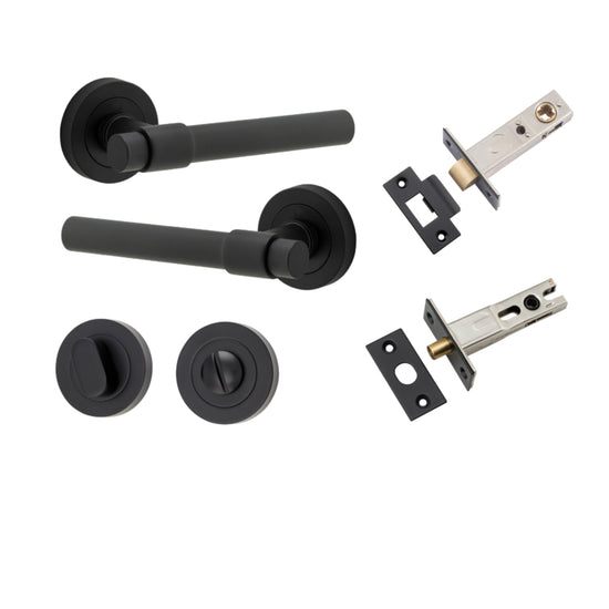 Door Lever Helsinki Round Rose Matt Black D52xP44mm Privacy Kit, Tube Latch Split Cam 'T' Striker Matt Black Backset 60mm, Privacy Bolt Round Bolt Matt Black Backset 60mm, Privacy Turn Oval Concealed Fix Round Matt Black D52xP23mm in Matt Black