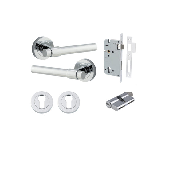 Door Lever Helsinki Round Rose Polished Chrome D52xP44mm Entrance Kit, Mortice Lock Euro Polished Chrome CTC85mm Backset 60mm, Euro Cylinder Dual Function 5 Pin Polished Chrome L65mm KA1, Escutcheon Euro Concealed Fix Round Pair Polished Chrome D5… in Pol