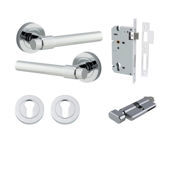 Door Lever Helsinki Round Rose Polished Chrome D52xP44mm Entrance Kit, Mortice Lock Euro Polished Chrome CTC85mm Backset 60mm, Euro Cylinder Key Thumb 6 Pin Polished Chrome L70mm KA1, Escutcheon Euro Concealed Fix Round Pair Polished Chrome D52xP10mm in P