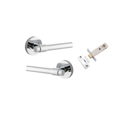 Door Lever Helsinki Round Rose Inbuilt Privacy Pair Polished Chrome D58xP44mm with Tube Latch Privacy with Faceplate & T Striker Backset 60mm in Polished Chrome