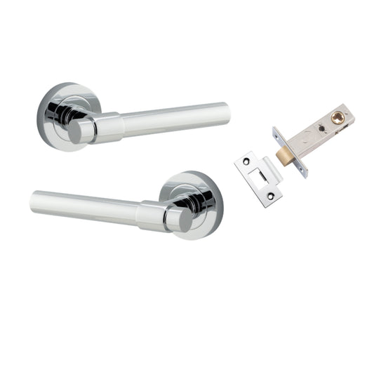 Door Lever Helsinki Round Rose Polished Chrome D52xP44mm Passage Kit, Tube Latch Split Cam 'T' Striker Polished Chrome Backset 60mm in Polished Chrome