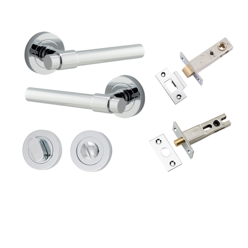 Door Lever Helsinki Round Rose Polished Chrome D52xP44mm Privacy Kit, Tube Latch Split Cam 'T' Striker Polished Chrome Backset 60mm, Privacy Bolt Round Bolt Polished Chrome Backset 60mm, Privacy Turn Oval Concealed Fix Round Polished Chrome D52xP23mm in P