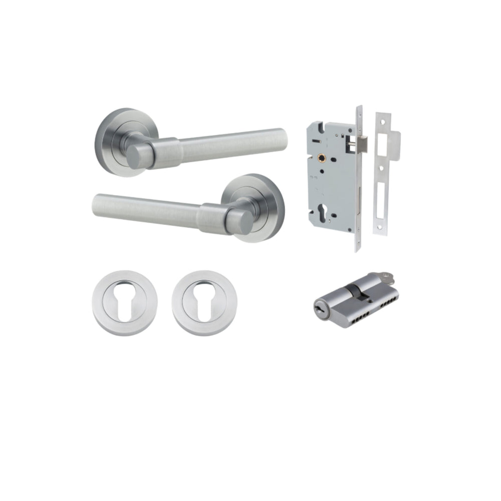 Door Lever Helsinki Round Rose Brushed Chrome D52xP44mm Entrance Kit, Mortice Lock Euro Brushed Chrome CTC85mm Backset 60mm, Euro Cylinder Dual Function 5 Pin Brushed Chrome L65mm KA1, Escutcheon Euro Concealed Fix Round Pair Brushed Chrome D52xP10mm in B