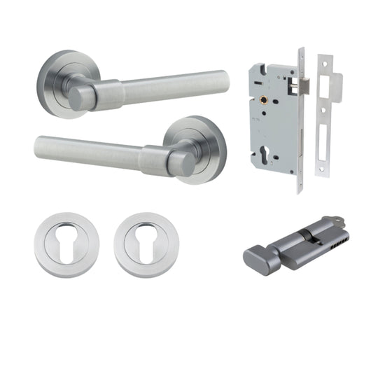 Door Lever Helsinki Round Rose Brushed Chrome D52xP44mm Entrance Kit, Mortice Lock Euro Brushed Chrome CTC85mm Backset 60mm, Euro Cylinder Key Thumb 6 Pin Brushed Chrome L70mm KA1, Escutcheon Euro Concealed Fix Round Pair Brushed Chrome D52xP10mm in Brush