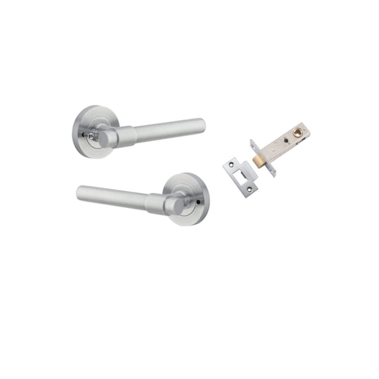 Door Lever Helsinki Round Rose Inbuilt Privacy Pair Brushed Chrome D58xP44mm with Tube Latch Privacy with Faceplate & T Striker Backset 60mm in Brushed Chrome