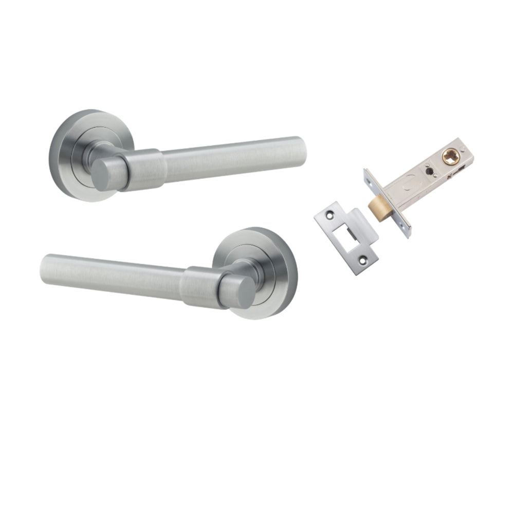 Door Lever Helsinki Round Rose Brushed Chrome D52xP44mm Passage Kit, Tube Latch Split Cam 'T' Striker Brushed Chrome Backset 60mm in Brushed Chrome