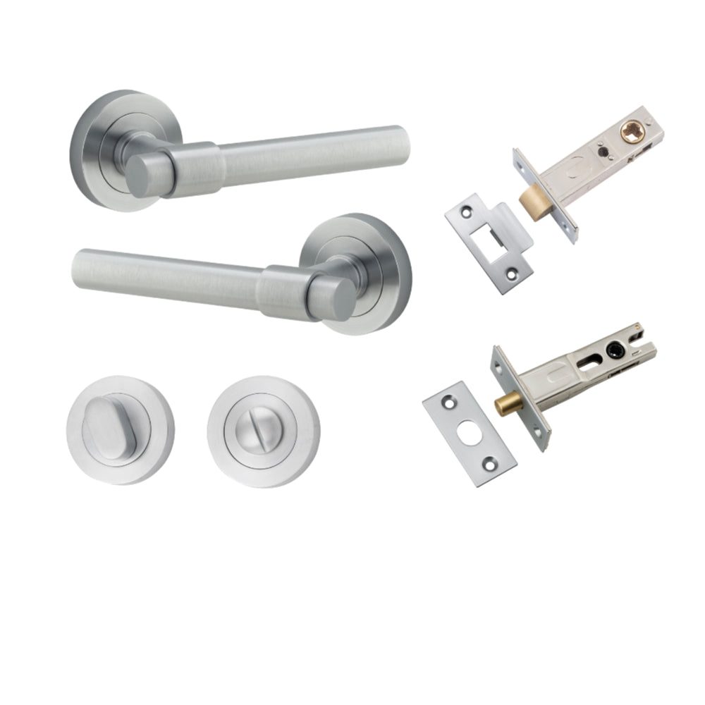 Door Lever Helsinki Round Rose Brushed Chrome D52xP44mm Privacy Kit, Tube Latch Split Cam 'T' Striker Brushed Chrome Backset 60mm, Privacy Bolt Round Bolt Brushed Chrome Backset 60mm, Privacy Turn Oval Concealed Fix Round Brushed Chrome D52xP23mm in Brush