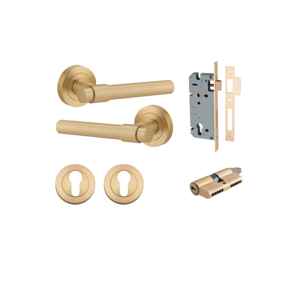 Door Lever Helsinki Round Rose Brushed Brass D52xP44mm Entrance Kit, Mortice Lock Euro Brushed Brass CTC85mm Backset 60mm, Euro Cylinder Dual Function 5 Pin Brushed Brass L65mm KA1, Escutcheon Euro Concealed Fix Round Pair Brushed Brass D52xP10mm in Brush