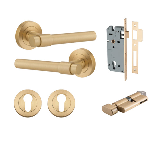 Door Lever Helsinki Round Rose Brushed Brass D52xP44mm Entrance Kit, Mortice Lock Euro Brushed Brass CTC85mm Backset 60mm, Euro Cylinder Key Thumb 6 Pin Brushed Brass L70mm  

 KA1, Escutcheon Euro Concealed Fix Round Pair Brushed Brass D52xP10mm in Brush