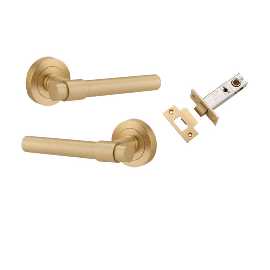 Door Lever Helsinki Round Rose Brushed Brass D52xP44mm Passage Kit, Tube Latch Split Cam 'T' Striker Brushed Brass Backset 60mm in Brushed Brass