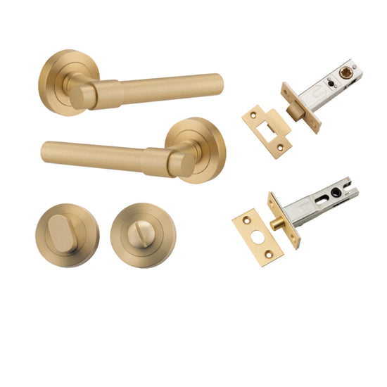 Door Lever Helsinki Round Rose Brushed Brass D52xP44mm Privacy Kit, Tube Latch Split Cam 'T' Striker Brushed Brass Backset 60mm, Privacy Bolt Round Bolt Brushed Brass Backset 60mm, Privacy Turn Oval Concealed Fix Round Brushed Brass D52xP23mm in Brushed B