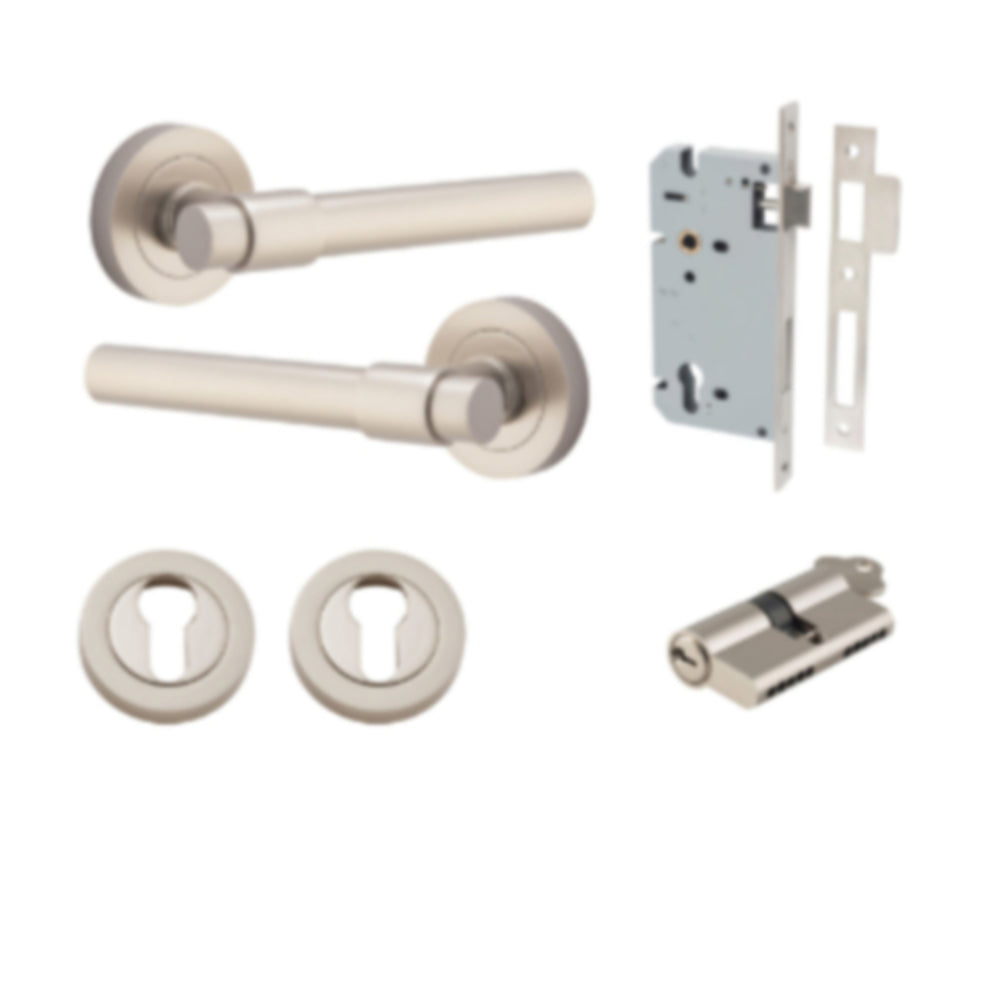 Door Lever Helsinki Round Rose Satin Nickel D52xP44mm Entrance Kit, Mortice Lock Euro Satin Nickel CTC85mm Backset 60mm, Euro Cylinder Dual Function 5 Pin Satin Nickel L65mm KA1, Escutcheon Euro Concealed Fix Round Pair Satin Nickel D52xP10mm in Satin Nic