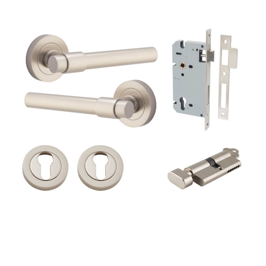 Door Lever Helsinki Round Rose Satin Nickel D52xP44mm Entrance Kit, Mortice Lock Euro Satin Nickel CTC85mm Backset 60mm, Euro Cylinder Key Thumb 6 Pin Satin Nickel L70mm KA1, Escutcheon Euro Concealed Fix Round Pair Satin Nickel D52xP10mm in Satin Nickel