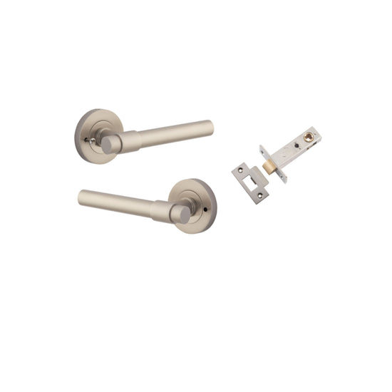 Door Lever Helsinki Round Rose Inbuilt Privacy Pair Satin Nickel D58xP44mm with Tube Latch Privacy with Faceplate & T Striker Backset 60mm in Satin Nickel