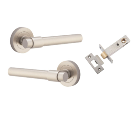 Door Lever Helsinki Round Rose Satin Nickel D52xP44mm Passage Kit, Tube Latch Split Cam 'T' Striker Satin Nickel Backset 60mm in Satin Nickel