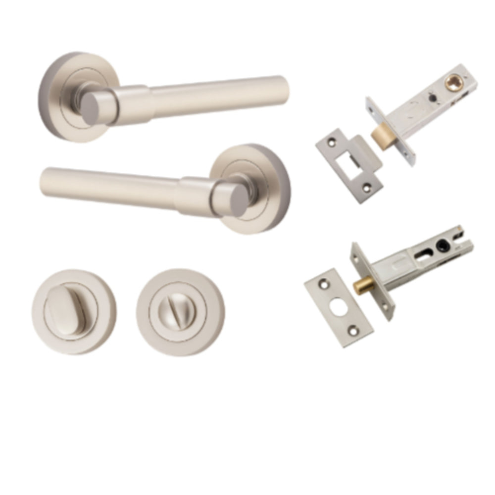 Door Lever Helsinki Round Rose Satin Nickel D52xP44mm Privacy Kit, Tube Latch Split Cam 'T' Striker Satin Nickel Backset 60mm, Privacy Bolt Round Bolt Satin Nickel Backset 60mm, Privacy Turn Oval Concealed Fix Round Satin Nickel D52xP23mm in Satin Nickel