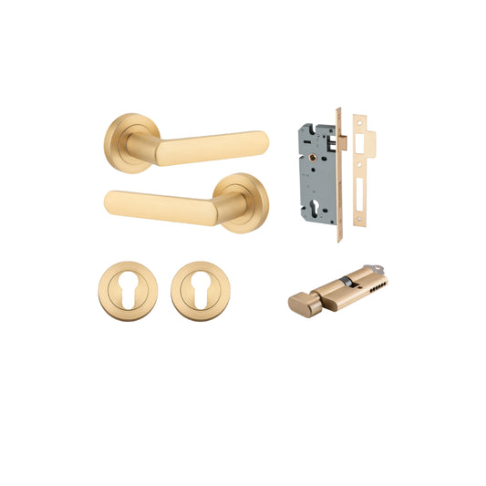 Door Lever Osaka Round Rose Brushed Brass D52xP55mm Entrance Kit, Mortice Lock Euro Brushed Brass CTC85mm Backset 60mm, Euro Cylinder Key Thumb 6 Pin Brushed Brass L70mm  

 KA1, Escutcheon Euro Concealed Fix Round Pair Brushed Brass D52xP10mm in Brushed