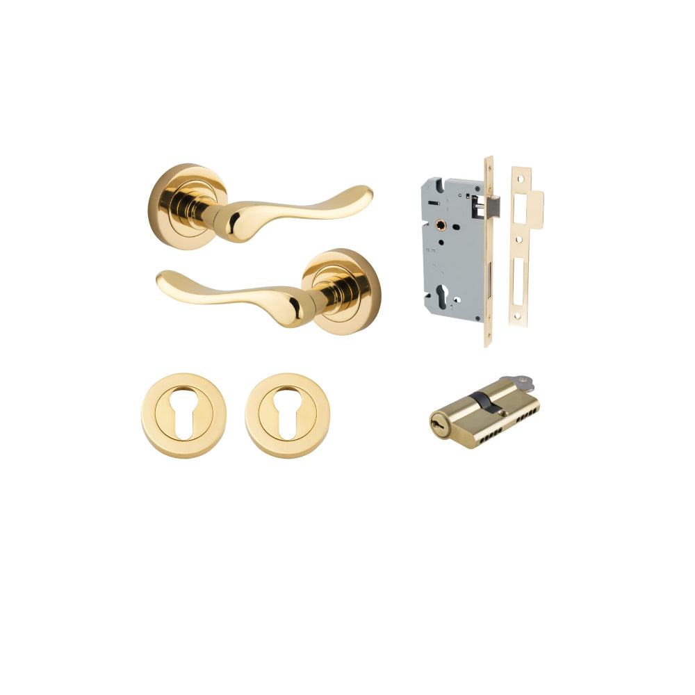 Door Lever Stirling Round Rose Polished Brass D52xP64mm Entrance Kit, Mortice Lock Euro Polished Brass CTC85mm Backset 60mm, Euro Cylinder Dual Function 5 Pin Polished Brass L65mm KA1, Escutcheon Euro Concealed Fix Round Pair Polished Brass D52xP10mm in P