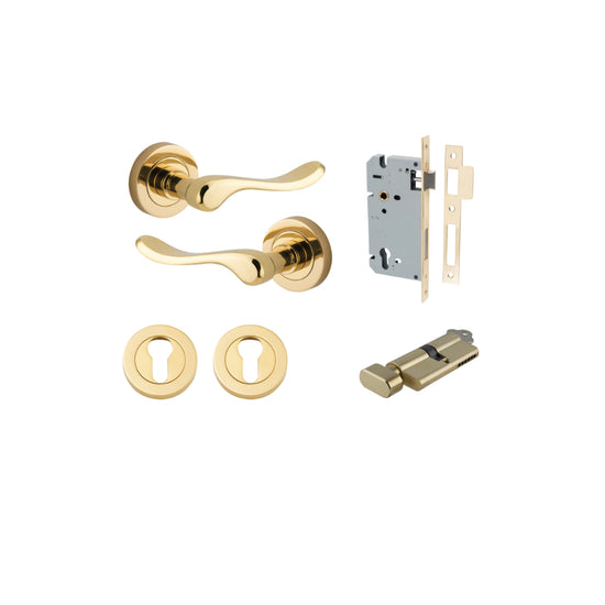 Door Lever Stirling Round Rose Polished Brass D52xP64mm Entrance Kit, Mortice Lock Euro Polished Brass CTC85mm Backset 60mm, Euro Cylinder Key Thumb 6 Pin Polished Brass L70mm KA1, Escutcheon Euro Concealed Fix Round Pair Polished Brass D52xP10mm in Polis