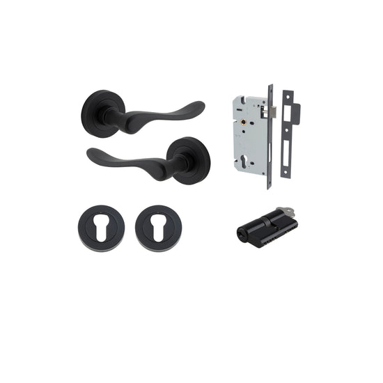 Door Lever Stirling Round Rose Matt Black D52xP64mm Entrance Kit, Mortice Lock Euro Matt Black CTC85mm Backset 60mm, Euro Cylinder Dual Function 5 Pin Matt Black L65mm KA1, Escutcheon Euro Concealed Fix Round Pair Matt Black D52xP10mm in Matt Black