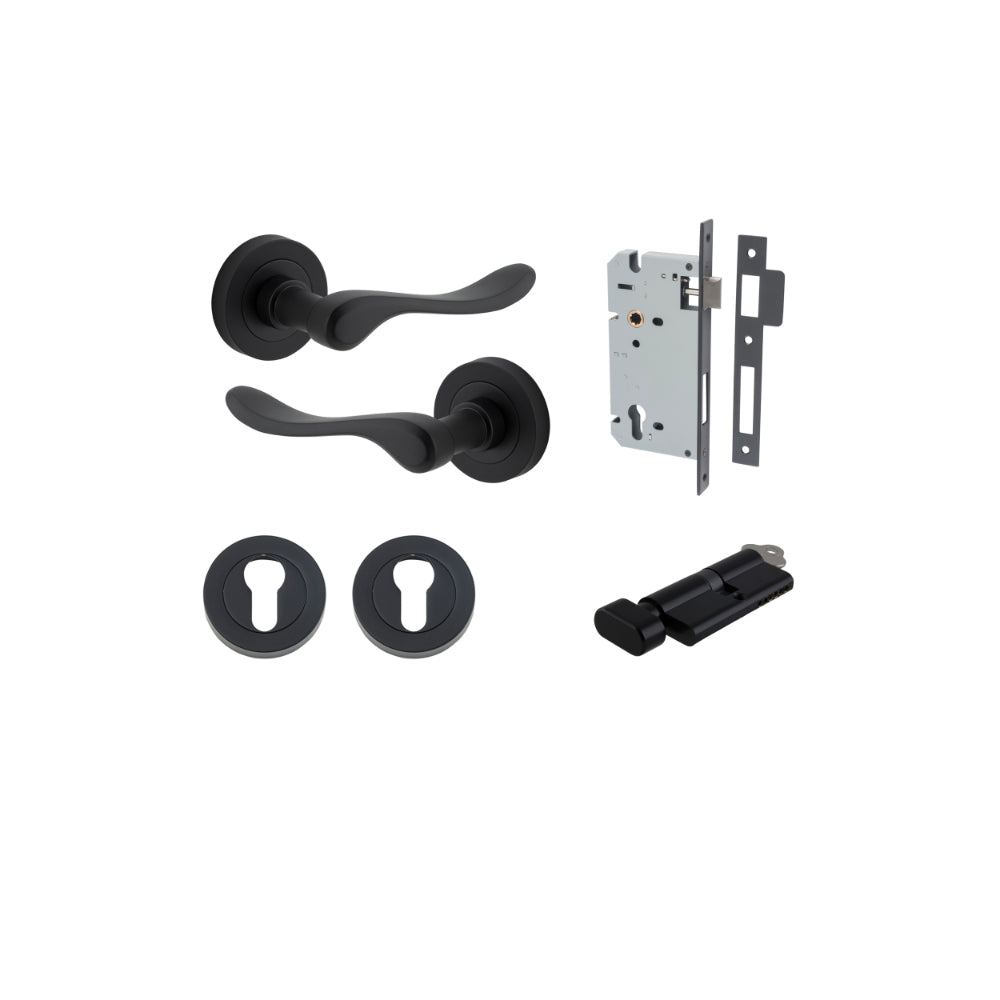 Door Lever Stirling Round Rose Matt Black D52xP64mm Entrance Kit, Mortice Lock Euro Matt Black CTC85mm Backset 60mm, Euro Cylinder Key Thumb 6 Pin Matt Black L70mm KA1, Escutcheon Euro Concealed Fix Round Pair Matt Black D52xP10mm in Matt Black