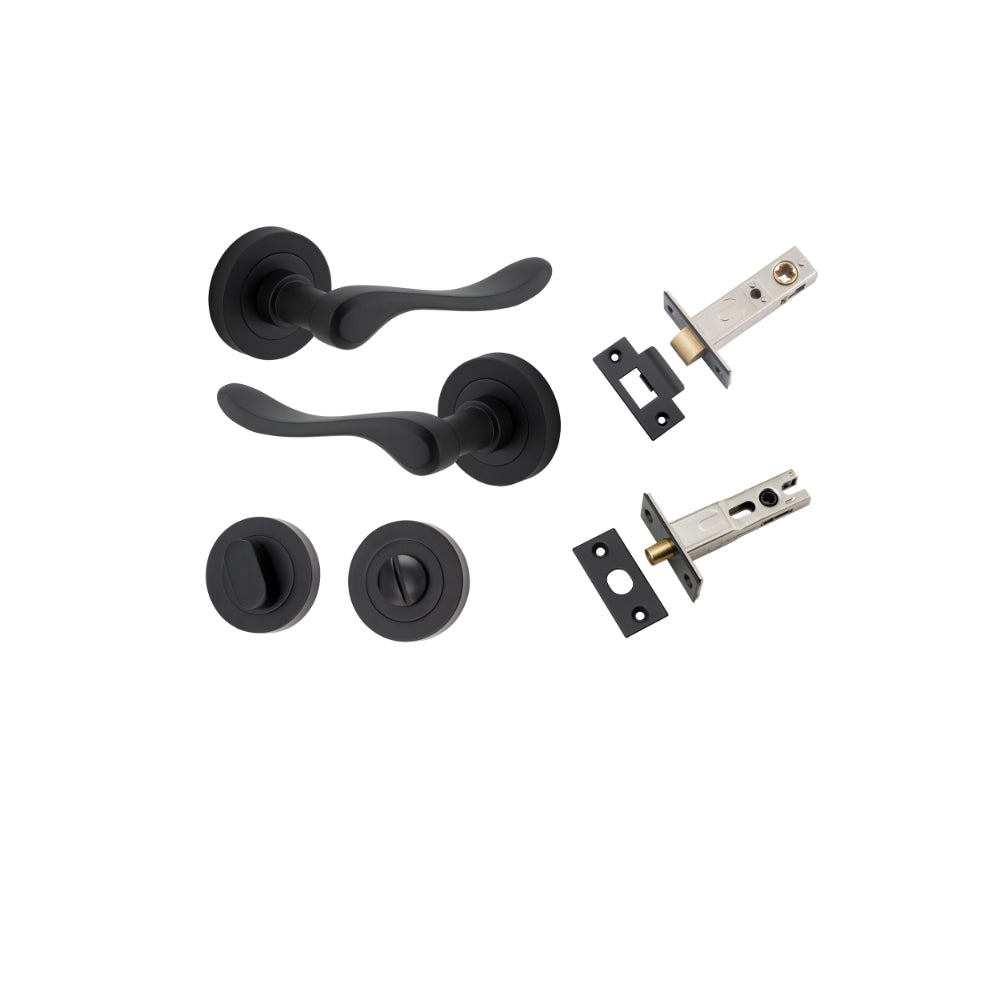 Door Lever Stirling Round Rose Matt Black D52xP64mm Privacy Kit, Tube Latch Split Cam 'T' Striker Matt Black Backset 60mm, Privacy Bolt Round Bolt Matt Black Backset 60mm, Privacy Turn Oval Concealed Fix Round Matt Black D52xP23mm in Matt Black