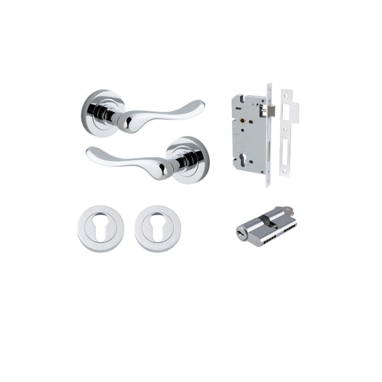 Door Lever Stirling Round Rose Polished Chrome D52xP64mm Entrance Kit, Mortice Lock Euro Polished Chrome CTC85mm Backset 60mm, Euro Cylinder Dual Function 5 Pin Polished Chrome L65mm KA1, Escutcheon Euro Concealed Fix Round Pair Polished Chrome D5… in Pol