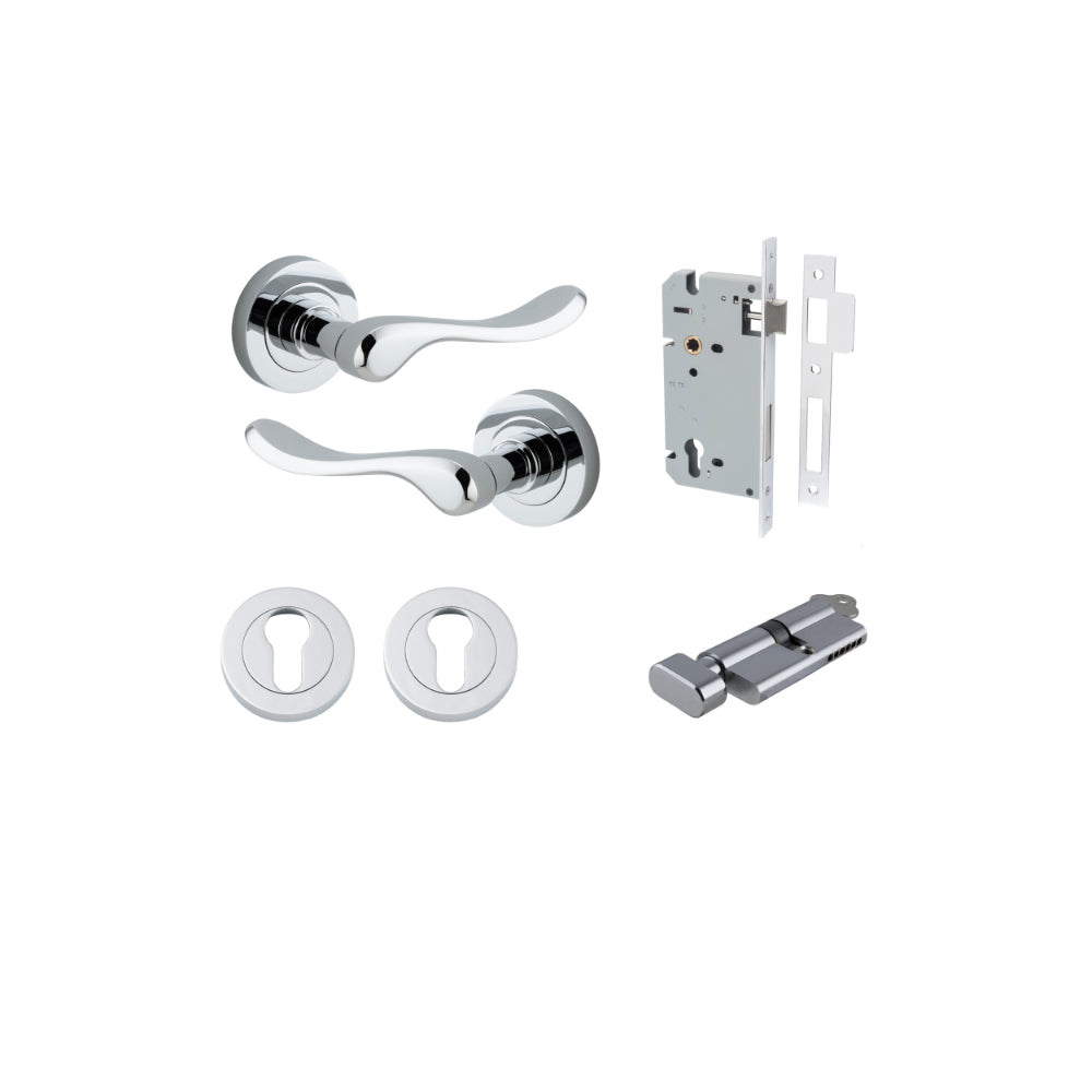 Door Lever Stirling Round Rose Polished Chrome D52xP64mm Entrance Kit, Mortice Lock Euro Polished Chrome CTC85mm Backset 60mm, Euro Cylinder Key Thumb 6 Pin Polished Chrome L70mm KA1, Escutcheon Euro Concealed Fix Round Pair Polished Chrome D52xP10mm in P