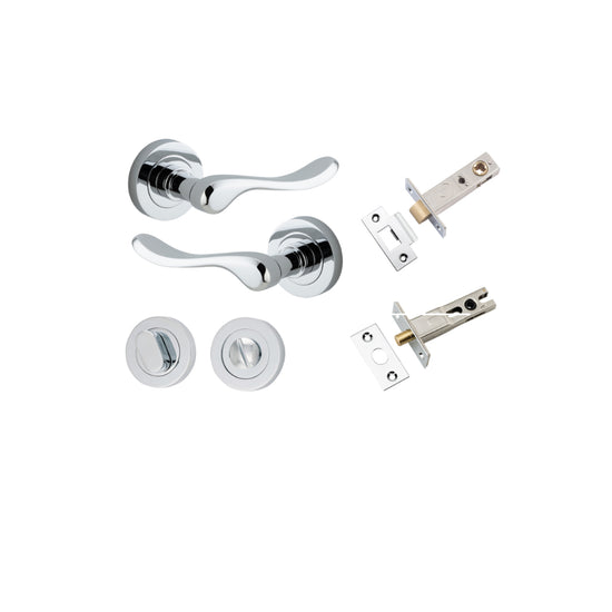 Door Lever Stirling Round Rose Polished Chrome D52xP64mm Privacy Kit, Tube Latch Split Cam 'T' Striker Polished Chrome Backset 60mm, Privacy Bolt Round Bolt Polished Chrome Backset 60mm, Privacy Turn Oval Concealed Fix Round Polished Chrome D52xP23mm in P