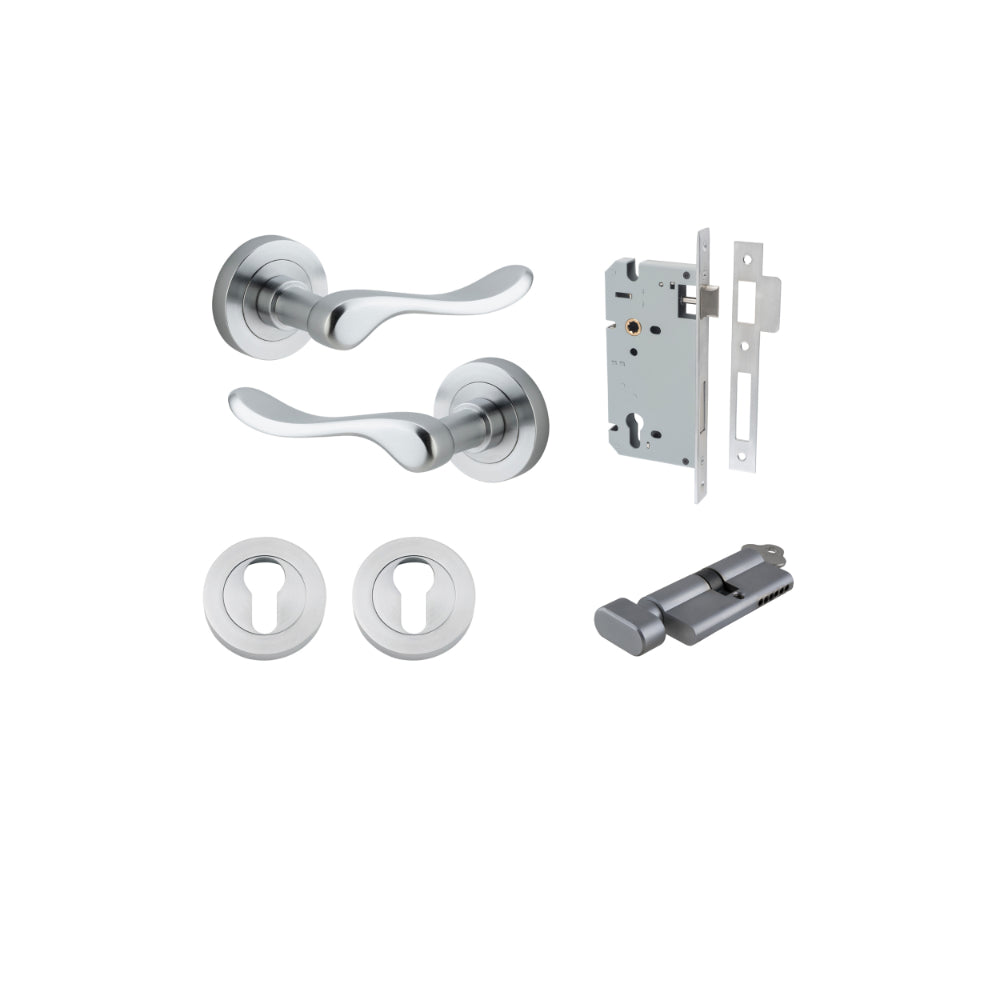 Door Lever Stirling Round Rose Brushed Chrome D52xP64mm Entrance Kit, Mortice Lock Euro Brushed Chrome CTC85mm Backset 60mm, Euro Cylinder Key Thumb 6 Pin Brushed Chrome L70mm KA1, Escutcheon Euro Concealed Fix Round Pair Brushed Chrome D52xP10mm in Brush