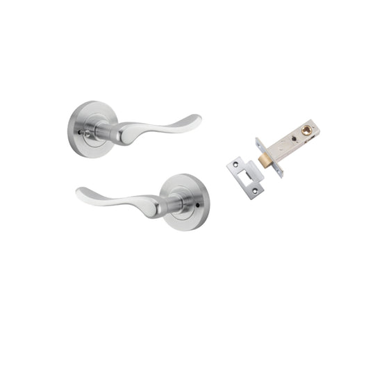 Door Lever Stirling Round Rose Inbuilt Privacy Pair Brushed Chrome D58xP64mm with Tube Latch Privacy with Faceplate & T Striker Backset 60mm in Brushed Chrome