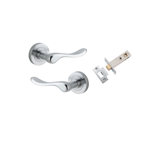 Door Lever Stirling Round Rose Brushed Chrome D52xP64mm Passage Kit, Tube Latch Split Cam 'T' Striker Brushed Chrome Backset 60mm in Brushed Chrome