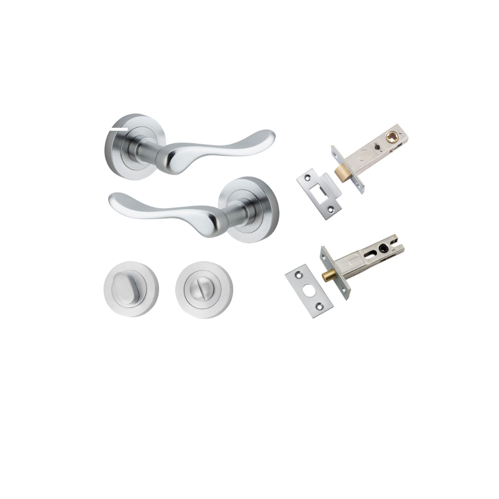 Door Lever Stirling Round Rose Brushed Chrome D52xP64mm Privacy Kit, Tube Latch Split Cam 'T' Striker Brushed Chrome Backset 60mm, Privacy Bolt Round Bolt Brushed Chrome Backset 60mm, Privacy Turn Oval Concealed Fix Round Brushed Chrome D52xP23mm in Brush