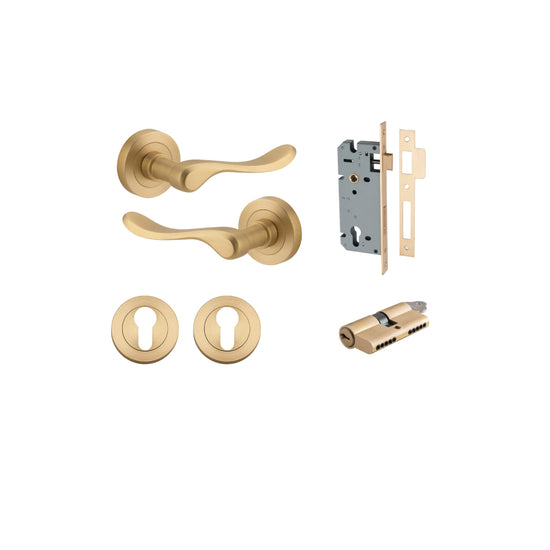 Door Lever Stirling Round Rose Brushed Brass D52xP64mm Entrance Kit, Mortice Lock Euro Brushed Brass CTC85mm Backset 60mm, Euro Cylinder Dual Function 5 Pin Brushed Brass L65mm KA1, Escutcheon Euro Concealed Fix Round Pair Brushed Brass D52xP10mm in Brush