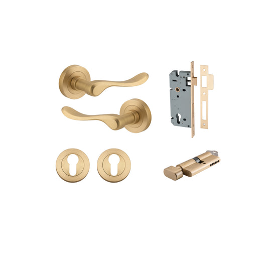 Door Lever Stirling Round Rose Brushed Brass D52xP64mm Entrance Kit, Mortice Lock Euro Brushed Brass CTC85mm Backset 60mm, Euro Cylinder Key Thumb 6 Pin Brushed Brass L70mm  

 KA1, Escutcheon Euro Concealed Fix Round Pair Brushed Brass D52xP10mm in Brush