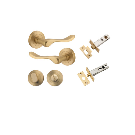 Door Lever Stirling Round Rose Brushed Brass D52xP64mm Privacy Kit, Tube Latch Split Cam 'T' Striker Brushed Brass Backset 60mm, Privacy Bolt Round Bolt Brushed Brass Backset 60mm, Privacy Turn Oval Concealed Fix Round Brushed Brass D52xP23mm in Brushed B