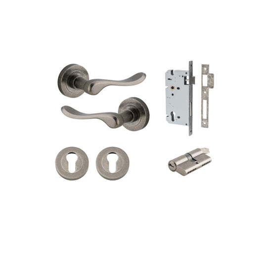 Door Lever Stirling Round Rose Distressed Nickel D52xP64mm Entrance Kit, Mortice Lock Euro Distressed Nickel CTC85mm Backset 60mm, Euro Cylinder Dual Function 5 Pin Distressed Nickel L65mm KA1, Escutcheon Euro Concealed Fix Round Pair Distressed N… in Dis