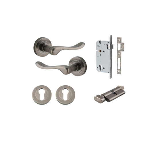 Door Lever Stirling Round Rose Distressed Nickel D52xP64mm Entrance Kit, Mortice Lock Euro Distressed Nickel CTC85mm Backset 60mm, Euro Cylinder Key Thumb 6 Pin Distressed Nickel L70mm KA1, Escutcheon Euro Concealed Fix Round Pair Distressed Nicke… in Dis