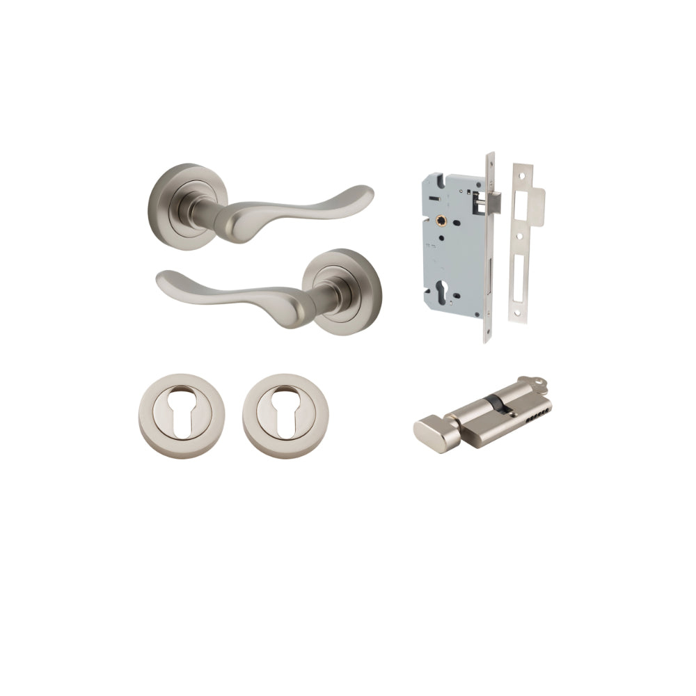 Door Lever Stirling Round Rose Satin Nickel D52xP64mm Entrance Kit, Mortice Lock Euro Satin Nickel CTC85mm Backset 60mm, Euro Cylinder Key Thumb 5 Pin Polished Brass 65mm KA4, Escutcheon Euro Concealed Fix Round Pair Polished Brass D52xP10mm in Satin Nick