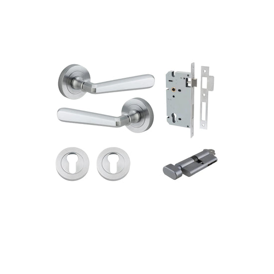 Door Lever Copenhagen Round Rose Brushed Chrome D52xP61mm Entrance Kit, Mortice Lock Euro Brushed Chrome CTC85mm Backset 60mm, Euro Cylinder Key Thumb 6 Pin Brushed Chrome L70mm KA1, Escutcheon Euro Concealed Fix Round Pair Brushed Chrome D52xP10mm in Bru