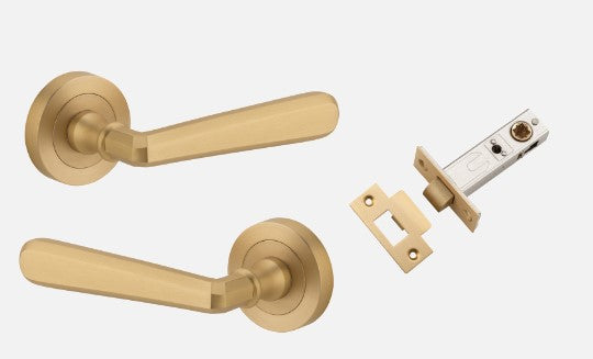 Door Lever Copenhagen Round Rose Brushed Brass D52xP61mm Passage Kit, Tube Latch Split Cam 'T' Striker Brushed Brass Backset 60mm in Brushed Brass