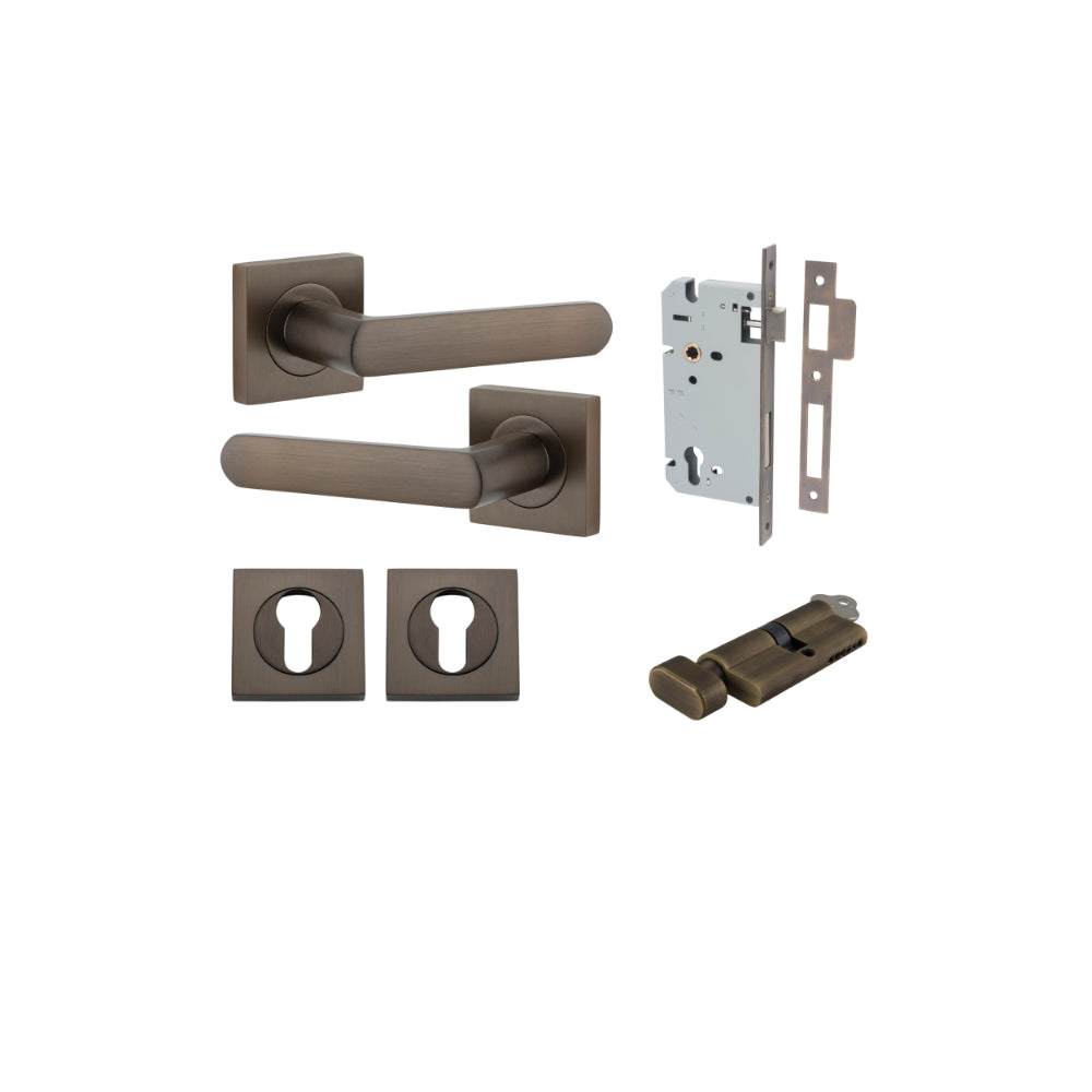 Door Lever Osaka Square Rose Signature Brass H52xW52xP55mm Entrance Kit, Mortice Lock Euro Signature Brass CTC85mm Backset 60mm, Euro Cylinder Key Thumb 6 Pin Signature Brass L70mm KA1, Escutcheon Euro Concealed Fix Square Pair Signature Brass H52… in Sig