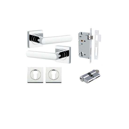 Door Lever Osaka Square Rose Polished Chrome H52xW52xP55mm Entrance Kit, Mortice Lock Euro Polished Chrome CTC85mm Backset 60mm, Euro Cylinder Dual Function 5 Pin Polished Chrome L65mm KA1, Escutcheon Euro Concealed Fix Square Pair Polished Chrome… in Pol