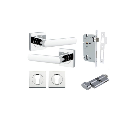 Door Lever Osaka Square Rose Polished Chrome H52xW52xP55mm Entrance Kit, Mortice Lock Euro Polished Chrome CTC85mm Backset 60mm, Euro Cylinder Key Thumb 6 Pin Polished Chrome L70mm KA1, Escutcheon Euro Concealed Fix Square Pair Polished Chrome H52… in Pol