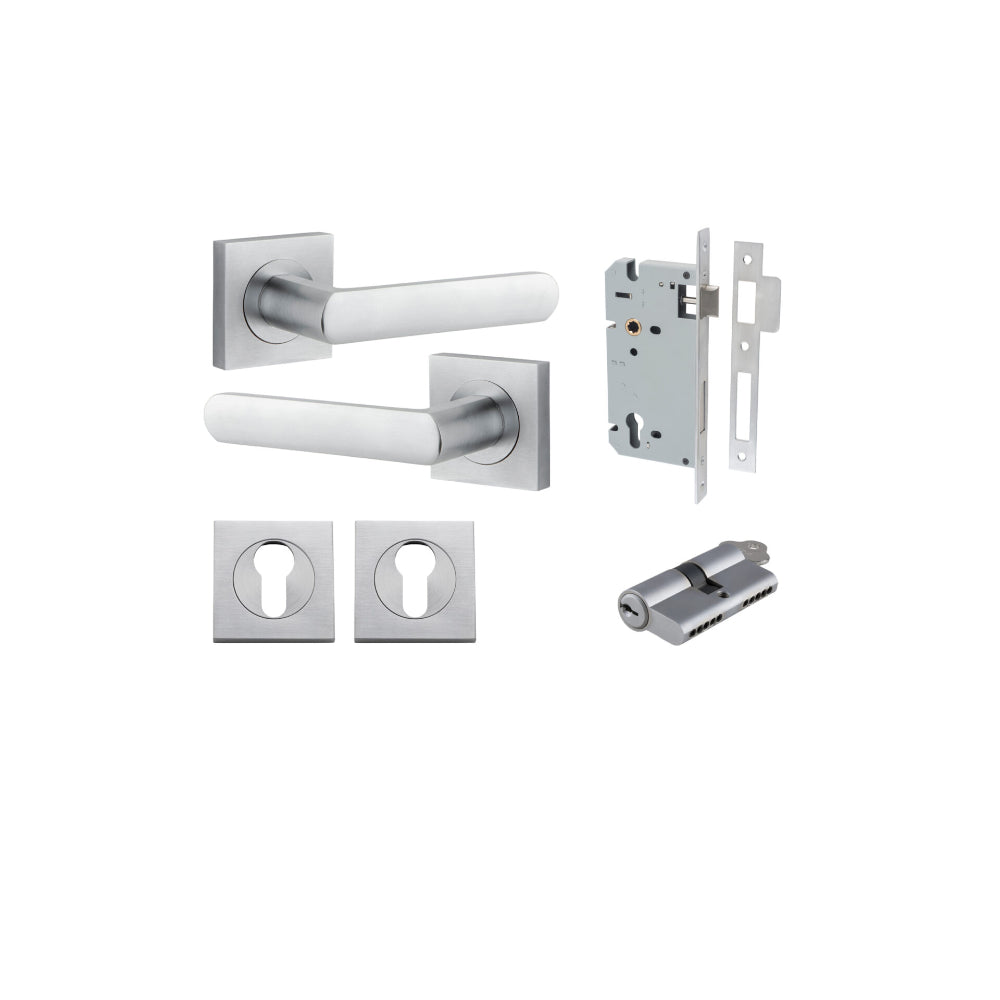 Door Lever Osaka Square Rose Brushed Chrome H52xW52xP55mm Entrance Kit, Mortice Lock Euro Brushed Chrome CTC85mm Backset 60mm, Euro Cylinder Dual Function 5 Pin Brushed Chrome L65mm KA1, Escutcheon Euro Concealed Fix Square Pair Brushed Chrome H52… in Bru