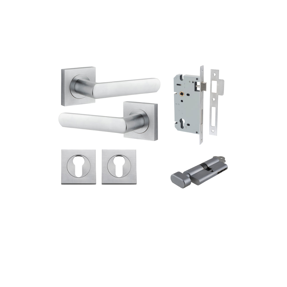 Door Lever Osaka Square Rose Brushed Chrome H52xW52xP55mm Entrance Kit, Mortice Lock Euro Brushed Chrome CTC85mm Backset 60mm, Euro Cylinder Key Thumb 6 Pin Brushed Chrome L70mm KA1, Escutcheon Euro Concealed Fix Square Pair Brushed Chrome H52xW52… in Bru