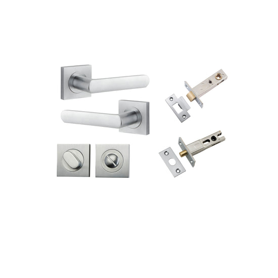 Door Lever Osaka Square Rose Brushed Chrome H52xW52xP55mm Privacy Kit, Tube Latch Split Cam 'T' Striker Brushed Chrome Backset 60mm, Privacy Bolt Round Bolt Brushed Chrome Backset 60mm, Privacy Turn Oval Concealed Fix Square Brushed Chrome H52xW52… in Bru