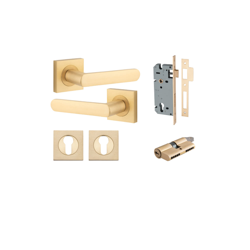 Door Lever Osaka Square Rose Brushed Brass H52xW52xP55mm Entrance Kit, Mortice Lock Euro Brushed Brass CTC85mm Backset 60mm, Euro Cylinder Dual Function 5 Pin Brushed Brass L65mm KA1, Escutcheon Euro Concealed Fix Square Pair Brushed Brass H52xW52… in Bru